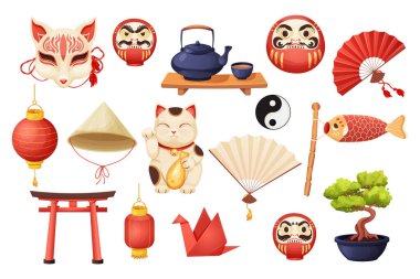 Japon kitsune maskesi, maneki neko kedi, yüzlü Daruma bebeği, tahta masaya fincanlı çaydanlık, el eğlencesi, torii kapısı ve beyaz arka planda izole edilmiş çizgi film tarzı bambu şapkalı konik şapka.