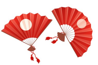 Geleneksel Japon hayranı, ahşap detaylarla donatılmış el aksesuarı beyaz arka planda karikatür tarzında. Vektör illüstrasyonu