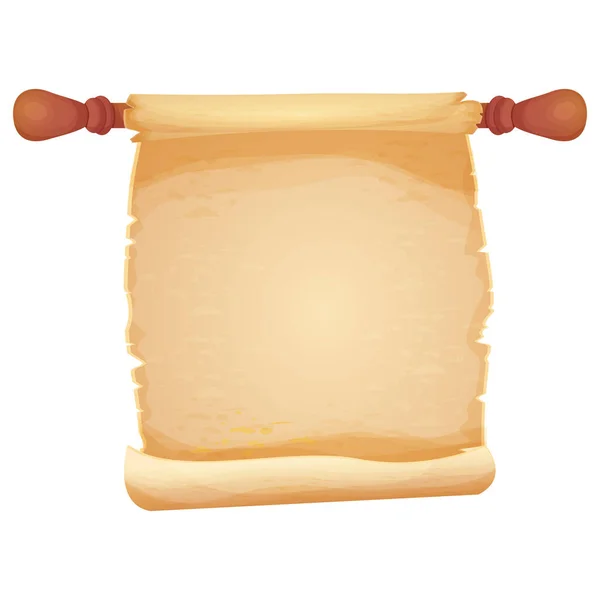 羊皮紙スクロール 木製のハンドルを持つアンティーク紙 空のシート 文書のテクスチャ 白い背景に隔離された漫画スタイルで高齢者 ベクターイラスト — ストックベクタ