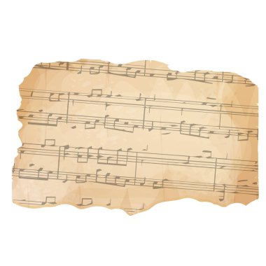 Eski müzik melodisine sahip parşömen kağıdı, beyaz arka planda izole edilmiş şarkı albümü, tasarım unsuru, çerçeve. Vektör illüstrasyonu