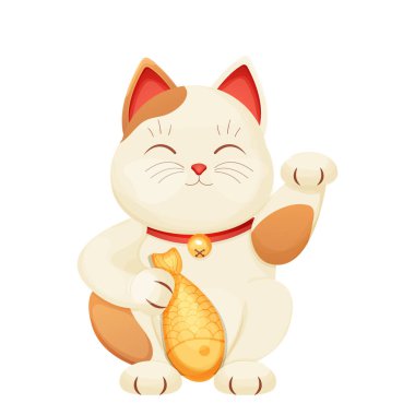 Maneki Neko kedisi geleneği şanslı bir sembol, yakalı ve zilli bir hayvan, beyaz arka planda karikatür tarzında altın balık. Vektör illüstrasyonu