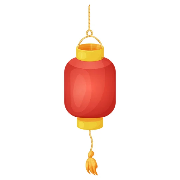 传统的红色灯笼 带绳索的吊灯 日本街灯装饰着金色元素和卡通风格的流苏 背景为白色 矢量说明 — 图库矢量图片