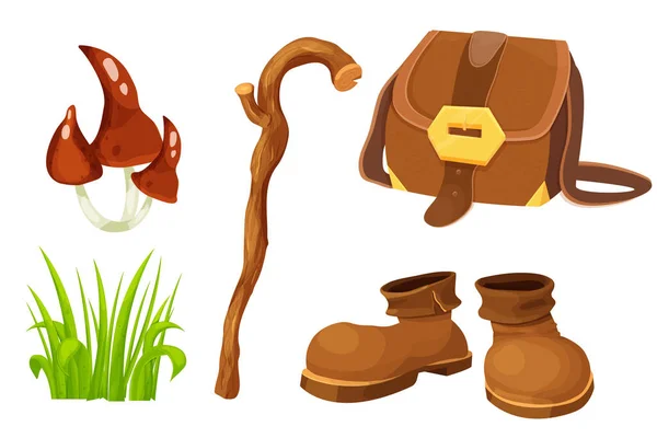 设置童话森林与一双棕色皮革步行靴 魔法袋和蘑菇卡通风格孤立在白色背景 游戏元素 矢量说明 — 图库矢量图片