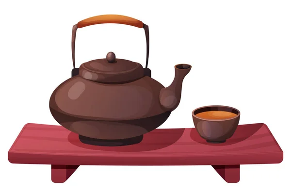Traditioneller Japanischer Wasserkocher Oder Teekanne Mit Tassen Auf Holztisch Teezeremonie — Stockvektor