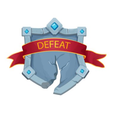 Kırık kenarlı ve değerli taşlı Kalkan Taş çerçevesini yenmek, kırmızı ödüllü kurdele boş ortaçağ menü paneli beyaz arka planda izole edilmiş. Vektör illüstrasyonu