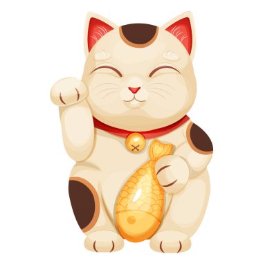 Maneki Neko kedisi geleneği şanslı bir sembol, yakalı ve zilli bir hayvan, beyaz arka planda karikatür tarzında altın balık. Vektör illüstrasyonu