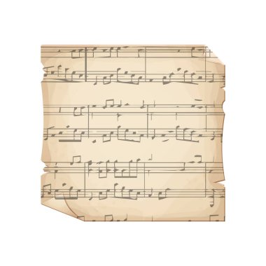 Eski müzik melodisine sahip parşömen kağıdı, beyaz arka planda izole edilmiş şarkı albümü, tasarım unsuru, çerçeve. Vektör illüstrasyonu