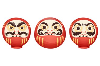 Daruma kırmızı geleneksel Japon bebek tılsımı kızgın yüzlü, beyaz arka planda karikatür tarzında kısırlaştırılmış elementler. Vektör illüstrasyonu