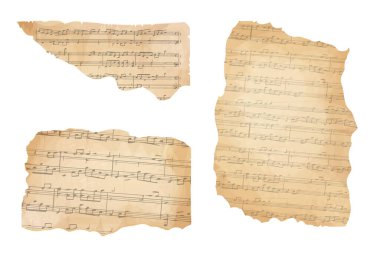 Eski müzik melodisine sahip parşömen kağıdı, beyaz arka planda izole edilmiş şarkı albümü, tasarım unsuru, çerçeve. Vektör illüstrasyonu