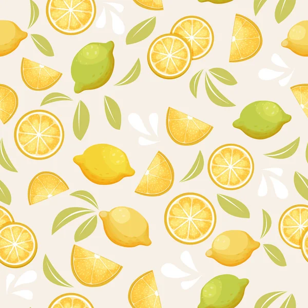 Zitrone Tropischen Zitrusfrüchten Nahtlose Muster Mit Blättern Scheiben Cartoon Stil — Stockvektor