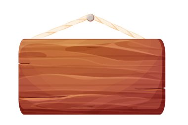 Oyun menüsü ahşap çerçeve, beyaz arkaplanda izole edilmiş karikatür tarzında ip asma tahtasıyla desenli panel. Ui varlığı. Vektör illüstrasyonu