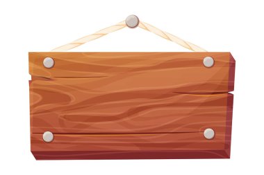 Oyun menüsü ahşap çerçeve, beyaz arkaplanda izole edilmiş karikatür tarzında ip asma tahtasıyla desenli panel. Ui varlığı. Vektör illüstrasyonu