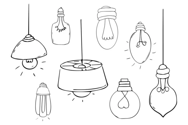 Set Lámpara Bombilla Doodle Caricatura Cómic Electricidad Aislada Sobre Fondo — Vector de stock