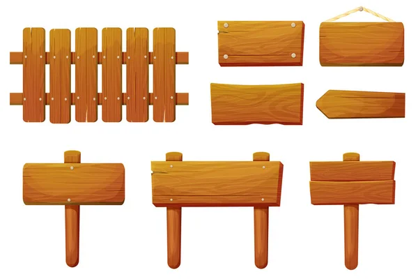 Uppsättning Trä Tabletter Hängande Texturerade Paneler Rep Skyltar Med Pekare — Stock vektor