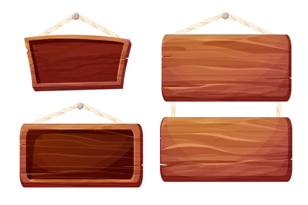Set Game Menu Wooden Frame Panel Textured Rope Hanging Plank — Stock Vector