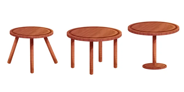 木制桌子圆桌设计为漫画风格 独立于白色背景 带腿的乡村家具 矢量说明 — 图库矢量图片