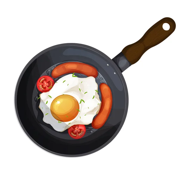 Fried Egg Sausages Tomatoes Skillet Top View Cartoon Style Isolated — Stock Vector