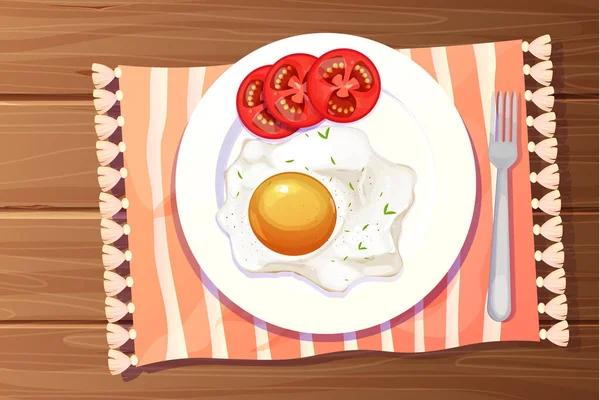Αυγό Και Τομάτος Τηγανισμένα Πιάτο Κουζίνα Ξύλινη Επιτραπέζια Θέα Διακοσμημένη — Διανυσματικό Αρχείο