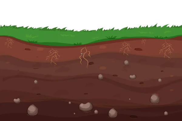 Grond Ondergrondse Dwarsdoorsnede Getextureerd Met Stenen Cartoon Stijl Spelniveau Landschap — Stockvector