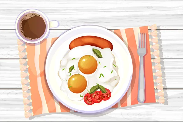 Brakfast Καφέ Αυγό Και Ντομάτα Και Sauseges Τηγανητά Στο Πιάτο — Διανυσματικό Αρχείο