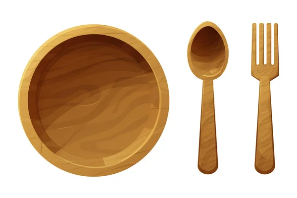 Set Wooden Plate Spoon Fork Bowl Top View Cartoon Style — Stock Vector