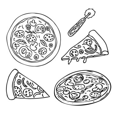 Pizza takımı, dilimlenmiş ve yuvarlak pizza. Çizgi film tarzında çizilmiş yuvarlak çizgili el. Beyaz arka planda izole edilmiş komik. - Evet. Vektör illüstrasyonu