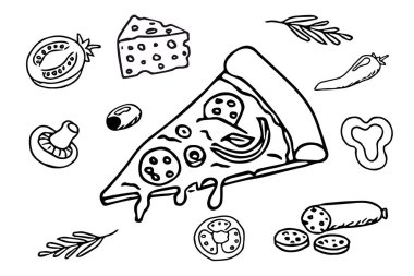 Pizza seti, yuvarlak pizza malzemeleri karikatür şeklinde çizilmiş el, beyaz arka planda izole çizgi roman. - Evet. Vektör illüstrasyonu