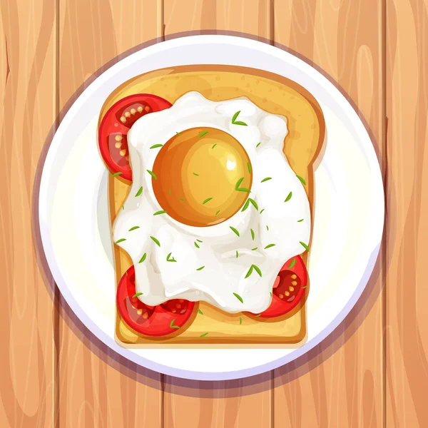 Fried Egg Toasted Bread Sandwich Top View Wooden Table Cartoon — Stock Vector