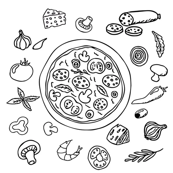 Conjunto Pizza Pizza Redonda Com Ingredientes Doodle Mão Desenhada Estilo — Vetor de Stock