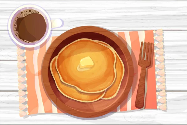 Pancakes Stack Butter Top View Wood Plate Coffee Fork Cartoon - Stok Vektor