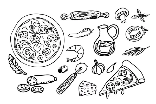 Набор Пиццы Круглая Пицца Ингредиентами Нарисованными Мультяшном Стиле Комикс Изолирован — стоковый вектор