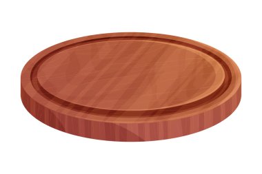 Tahta yuvarlak pizza tahtası, beyaz arka planda izole edilmiş çizgi film tarzında üst manzara ezmesi. Mutfak temizleme masası. - Evet. Vektör illüstrasyonu