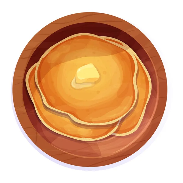 Pancakes Stack Butter Top View Wood Plate Cartoon Style Isolated - Stok Vektor