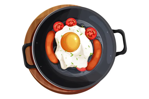 Gefrituurde Eierworstjes Tomaten Koekenpan Bovenaanzicht Cartoon Stijl Geïsoleerd Witte Achtergrond — Stockvector