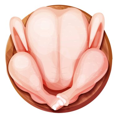 Beyaz arka planda karikatür tarzında ahşap kesim tahtasına tavuk eti ya da hindi tepesi manzarası. Çiğ, pişmemiş ürün, malzeme. Vektör illüstrasyonu