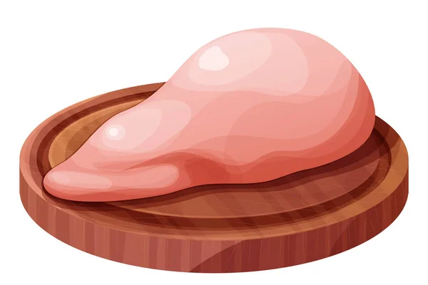白い背景に隔離された漫画のスタイルで木製のボード上のチキンフィレ肉の部分の胸 骨なしの原料 ベクターイラスト — ストックベクタ