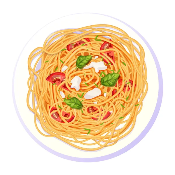 Spaghetti Pasta Teller Mit Tomaten Basilikum Mozzarella Cartoon Stil Draufsicht — Stockvektor
