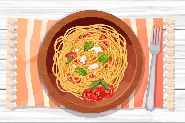 Spaghetti Pasta Wooden Plate Tomatos Basil Mozzarella Cartoon Style Top — Stock Vector