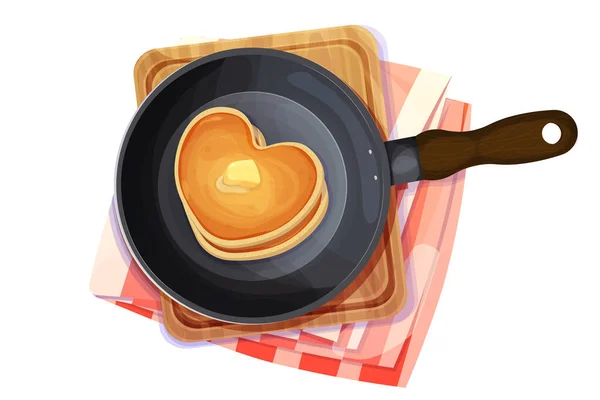 Pfannkuchen Herzform Auf Pfanne Holzbrett Und Küchentuch Draufsicht Cartoon Stil — Stockvektor