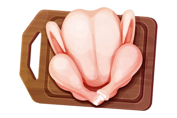 全鸡肉或火鸡全鸟顶部全景在木制切菜板上 卡通风格独立于白色背景 未煮熟的产品 矢量说明 — 图库矢量图片