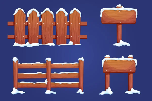 Houten Blanco Bord Hek Met Sneeuw Cartoon Stijl Leeg Frame — Stockvector
