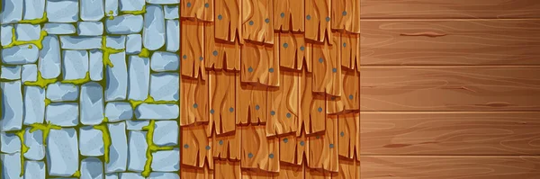 Set Stein Mit Moos Und Holzmaterial Strukturierte Oberfläche Holz Comic — Stockvektor