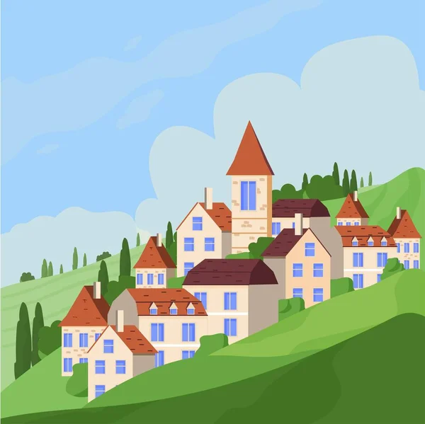 Panoramavektorillustration Ländlicher Landschaften Mit Europäischen Häusern Auf Hügeln Positive Grüne — Stockvektor