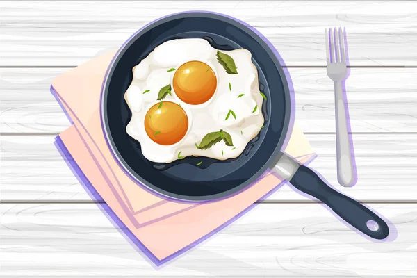 Gebakken Koekenpan Bovenaanzicht Cartoon Stijl Houten Tafel Achtergrond Ontbijt Vectorillustratie — Stockvector