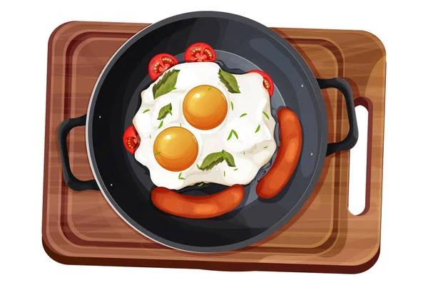 煎蛋香肠和西红柿放在平底锅顶部 卡通风格 白色背景隔离 在木板上吃早餐 矢量说明 — 图库矢量图片