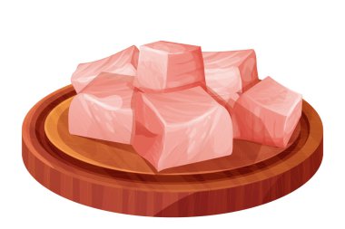 Tavuk parçaları, çiğ et parçaları, beyaz arka planda izole edilmiş karikatür tarzında kesilmiş tahta bord dilimleri. Pişmemiş malzeme. - Evet. Vektör illüstrasyonu