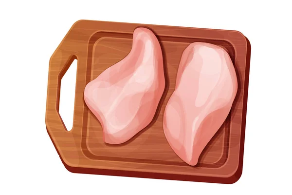 白地に隔離された漫画スタイルで木製ボード上のチキンフィレ肉部分胸上のビュー 骨なしの原料 ベクターイラスト — ストックベクタ