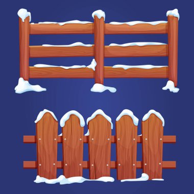 Karikatür tarzında izole edilmiş kar engelli ahşap çit. Oyun unsuru, arkaplan, ayrıntılı varlık. Vektör illüstrasyonu