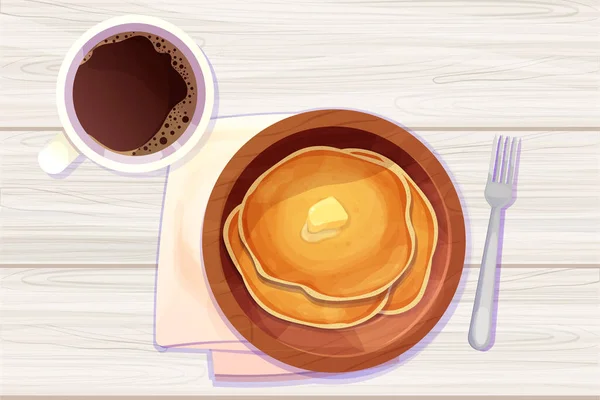 Pfannkuchen Stapeln Sich Mit Butter Draufsicht Holzteller Cartoon Stil Isoliert — Stockvektor