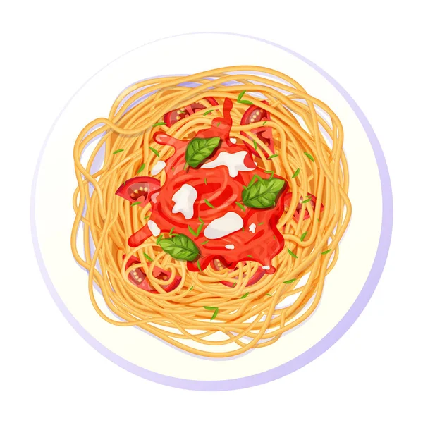 Spaghetti Pâtes Assiette Avec Tomates Basilic Mozzarella Dessin Animé Vue — Image vectorielle